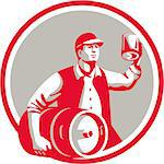 Illustration of an american worker wearing hat carrying keg on one hand and toasting beer mug on the other set inside circle on isolated background done in retro style.