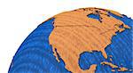 North America on wooden model of planet Earth with embossed continents and visible country borders. 3D rendering.