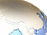 China on metallic model of planet Earth with embossed continents and visible country borders. 3D rendering.