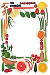 Paleo diet health food of fruit and vegetables forming an abstract border over white background. High in vitamins, antioxidants, minerals and anthocyanins.