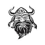 Black and white illustration of a head of a norseman viking warrior raider barbarian wearing horned helmet with beard viewed from the front set on isolated white background.