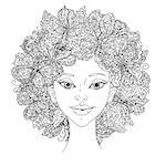 Beautiful fashion woman with abstract hair of butterfly elements uncoloured  black and white ornament in adult coloring book style. Could be use  for adult coloring book  in zenart style.