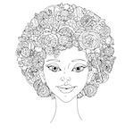 Beautiful fashion woman with abstract hair of candies, sweets and lollypos uncoloured  black and white ornament in adult coloring book style. Could be use  for adult coloring book  in zenart style.