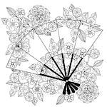 Uncoloured Oriental fan decorated with floral patterns for adult  coloring book.  Black and white. Uncolored Vector illustration. The best for your design, textiles, posters, adult coloring book