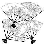 Uncoloured Oriental fans decorated with floral patterns for adult  coloring book.  Black and white. Uncolored Vector illustration. The best for your design, textiles, posters, adult coloring book