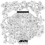 Oriental lantern decorated by floral patterns for adult  coloring book.  Black and white. Uncolored Vector illustration. The best for your design, textiles, posters, adult coloring book