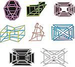Set of geometrical decorative 3D figures and mazes. Vector illustrations.