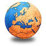 Europe on wooden model of planet Earth with embossed continents and visible country borders. 3D illustration isolated on white background with shadow.