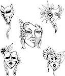 Carnival Masks Set. Black and white vector illustrations.