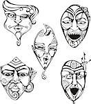 Carnival Male Masks Set. Black and white vector illustrations.