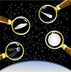 Set of space objects. Ufo, moon, satellite, meteor. EPS10 vector illustration.