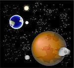 Abstract background with Mars, its satellites, earth, moon and sun. EPS10 vector illustration.