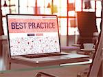 Best Practice Concept. Closeup Landing Page on Laptop Screen in Doodle Design Style. On Background of Comfortable Working Place in Modern Office. Blurred, Toned Image. 3D Render.