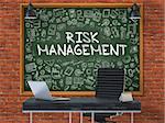 Green Chalkboard on the Red Brick Wall in the Interior of a Modern Office with Hand Drawn Risk Management. Business Concept with Doodle Style Elements. 3D.