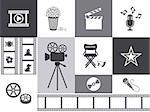Vector retro movie and music icons grayscale collection