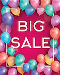 Big sale poster on red background with flying balloons and white frame. Vector illustration. Big sale banner.