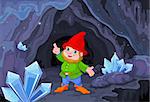Illustration of cute gnome close to fairy cave