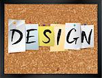 An illustration of the word "DESIGN" written on pieces of colored paper pinned to a cork bulletin board. Vector EPS 10 available.