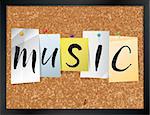 An illustration of the word "MUSIC" written on pieces of colored paper pinned to a cork bulletin board. Vector EPS 10 available.