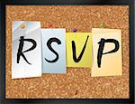 An illustration of the word "RSVP" written on pieces of colored paper pinned to a cork bulletin board. Vector EPS 10 available.