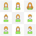 Flat line colorful icons set of woman avatars for profile page, social network, social media. Trendy hairstyles. Vector flat illustration.