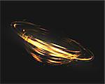 The tornado of light with sparkling lines. Bokeh particles on the swirling circles. Motion element on black background glowing light. Shiny gold color dodge effect. Vector illustration.