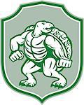 Illustration of a green turtle in fighting stance looking to the side set inside shield crest on isolated background done in retro style.