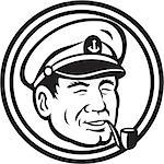 Black and white illustration of a sea captain, shipmaster, skipper, mariner wearing hat cap smoking smoke pipe set inside circle.