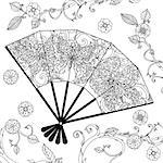 Oriental fan decorated by  Uncolored  butterfly for adult coloring book in famous zenart style. Hand-drawn, retro, doodle, vector, uncoloured. The best for design, textiles, posters, coloring book
