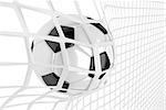 Soccer ball in white net. Goal action as a symbol of competition and scoring. 3D illustration