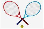 Red and blue tennis rackets and yellow ball. Sport item for leisure activity. 3D illustration