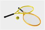 Orange and yellow tennis rackets and yellow ball. Sport item for leisure activity. 3D illustration