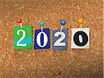 The word "2020" written in cut ransom note style paper letters and pinned to a cork bulletin board. Vector EPS 10 illustration available.