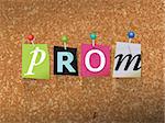 The word "PROM" written in cut ransom note style paper letters and pinned to a cork bulletin board. Vector EPS 10 illustration available.