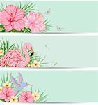 Horizontal tropical banners with flowers and leaves. Green vector nature backgrounds with birds and flowers.