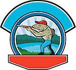 Illustration of a spotted sea trout fish hunter hunting aiming a shotgun rifle viewed from side with lake, trees and mountains  in the background done in retro style.