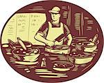 Illustration of a Taco chef cook wearing hat and apron holding meat cleaver knife in market food stall with pots set inside oval shape done in retro style.