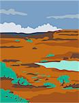 WPA style illustration of a columbian basin desert or arid steppe with water basin lake scenery set inside rectangle shape.