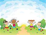 children are jumping on the glade, bunner cartoon funny vector, Template for advertising brochure. Ready for your message. blank template  character. illustration