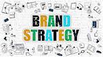 Brand Strategy Concept. Modern Line Style Illustration. Multicolor Brand Strategy Drawn on White Brick Wall. Doodle Icons. Doodle Design Style of Brand Strategy Concept.