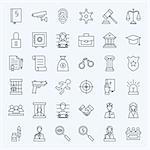 Line Lawyer Attorney and Crime Icons Set. Vector Set of Modern Thin Outline Law and Justice Items.