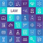 Vector Line Art Law and Justice Icons Set. Modern Thin Outline Lawyer Attorney and Crime Items over Colorful Squares.