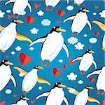 Graphic pattern of penguin lovers on a blue background with hearts