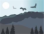 vector illustration of mountains with flying eagles