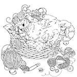 uncolored kitten playing with needlework of yarn and Needlework items in coloring book style. Hand-drawn, doodle, vector the best for your design, wedding cards, coloring book. Black and white.