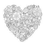 Heart shape of sweets and lollypos. Artistically drawn, stylized. uncoloured  black and white ornament in adult coloring book style. Could be use  for adult coloring book  in zenart style.