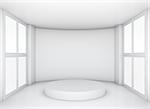 Pedestal in white clean room with windows. Exhibition room. 3d rendering