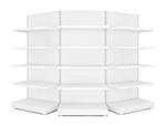 Three rounded blank empty retail shelves. White Background. 3D illustration