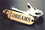 Keys to Dreams - Concept on Golden Keychain over Black Wooden Background. Closeup View, Selective Focus, 3D Render. Toned Image.