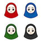 Set of cartoon avatars girls with hijabs isolated on white background. Vector illustration.